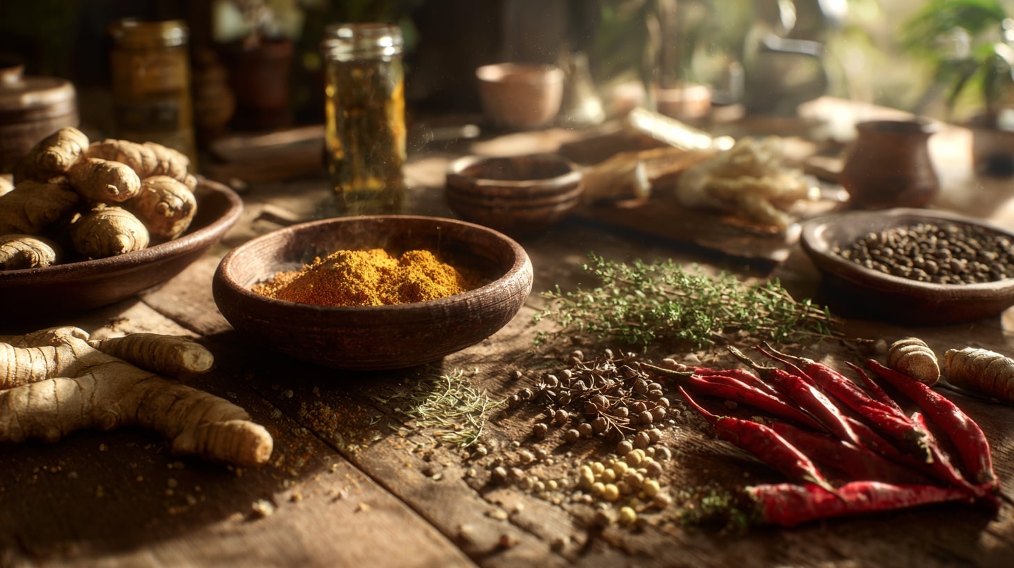 Épices, herbes et ingrédients utilisés dans la cuisine antillaise traditionnelle.
