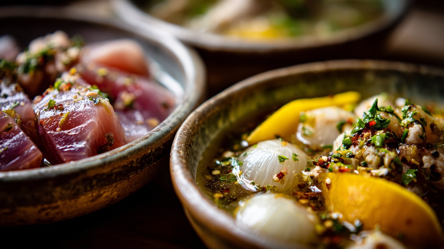 Préparation de poissons et de volailles marinés selon les techniques culinaires antillaises.